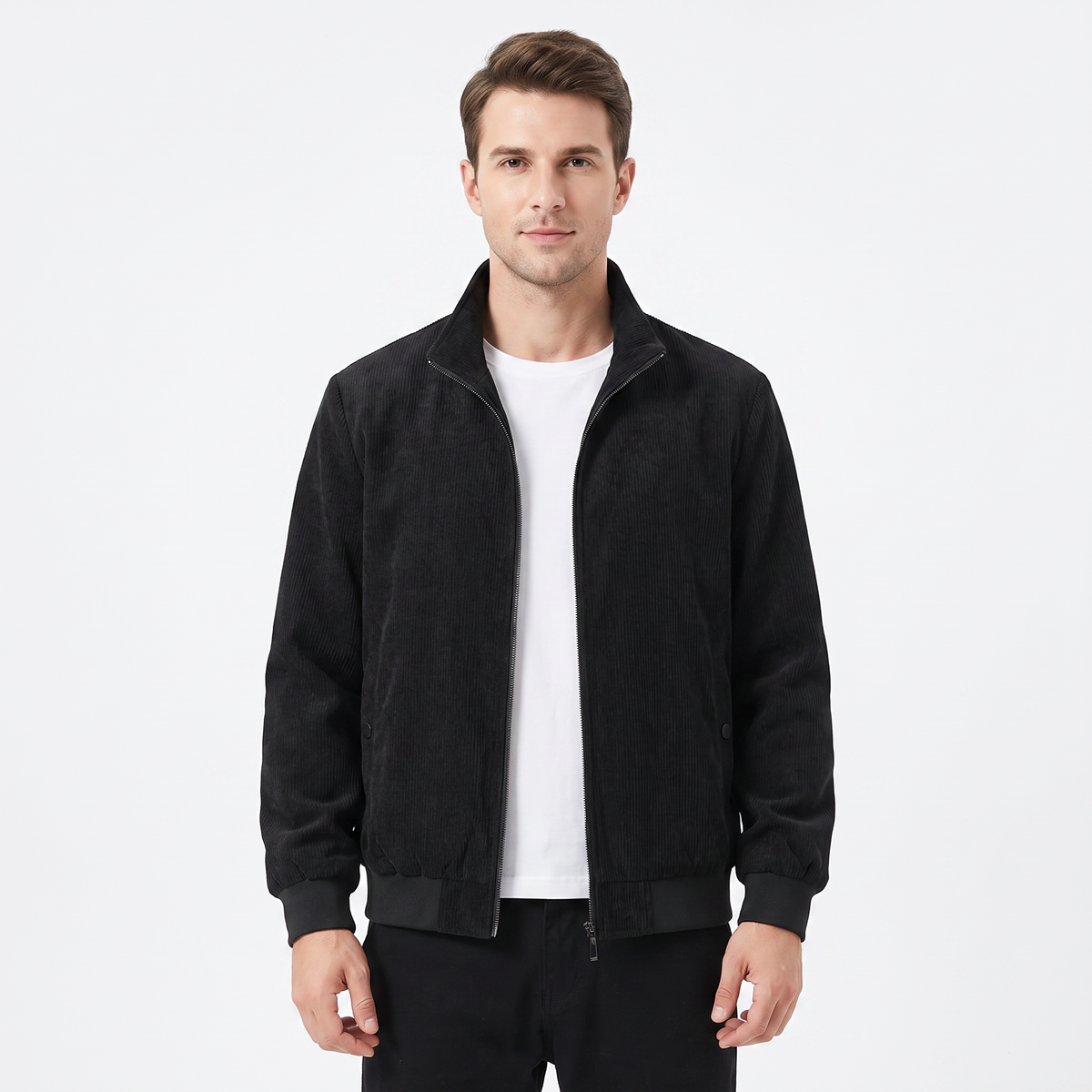 Men's Corduroy Jacket Fleece Lined Stand Collar Winter Coat