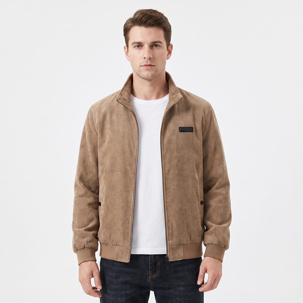 Men's Corduroy Jacket Fleece Lined Stand Collar Winter Coat