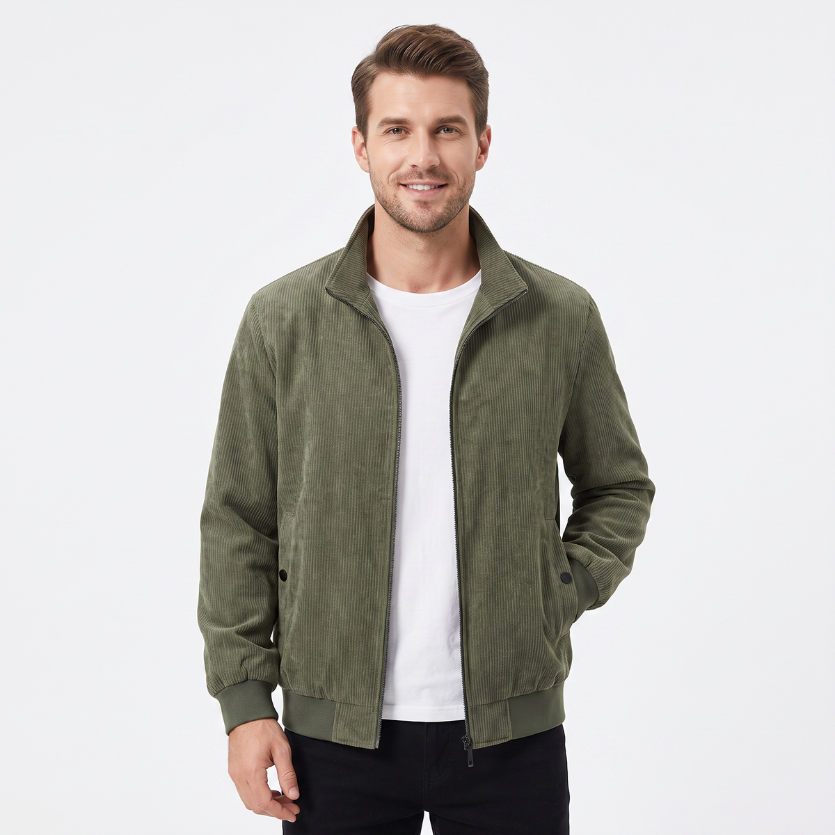 Men's Corduroy Jacket Fleece Lined Stand Collar Winter Coat