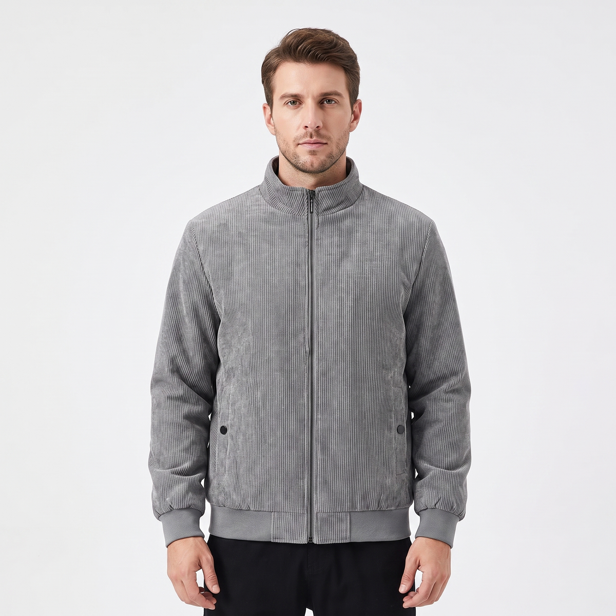 Men's Corduroy Jacket Fleece Lined Stand Collar Winter Coat