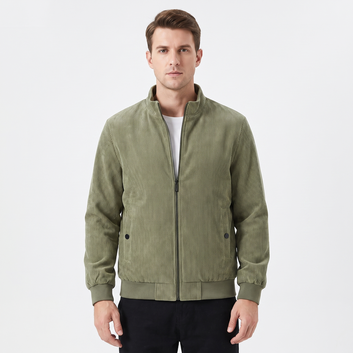 Men's Corduroy Jacket Fleece Lined Stand Collar Winter Coat