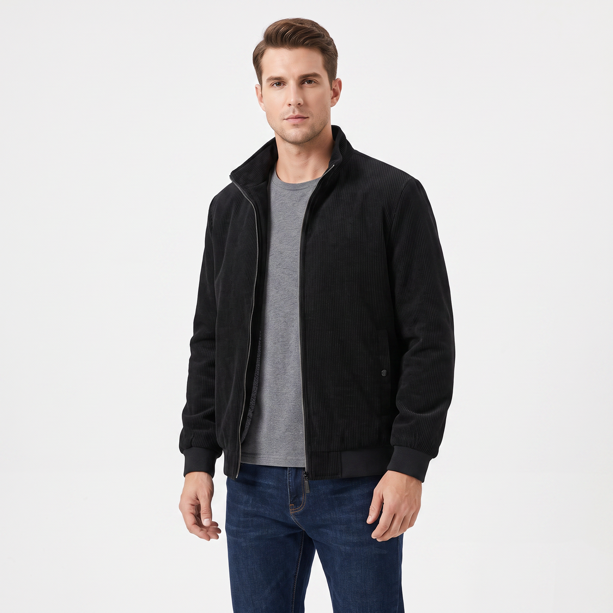 Men's Corduroy Jacket Fleece Lined Stand Collar Winter Coat