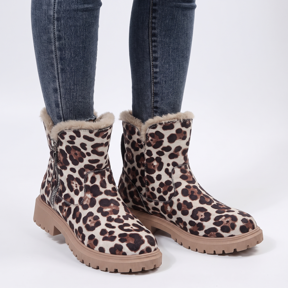 Women's Fur-Trim Ankle Chunky Sole Suede Winter Boots