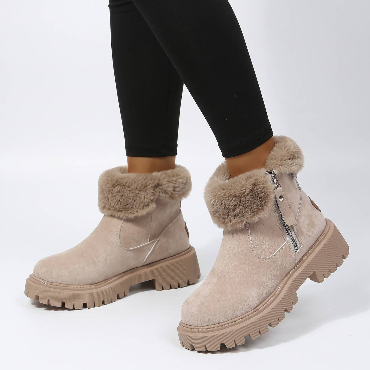 Women's Fur-Trim Ankle Chunky Sole Suede Winter Boots