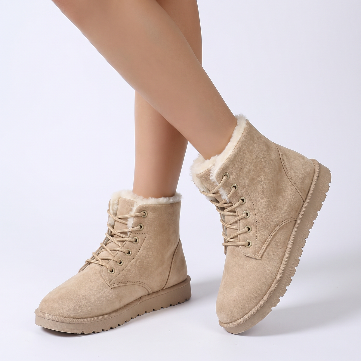 Women's Fur-Lined Snow Lace-Up Flat Winter Ankle Boots