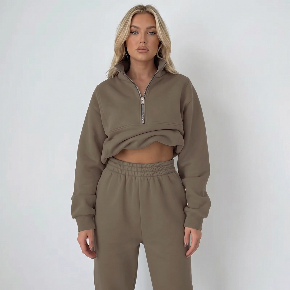 Women's Cropped Zip-Up Sweatshirt and Jogger Winter Set