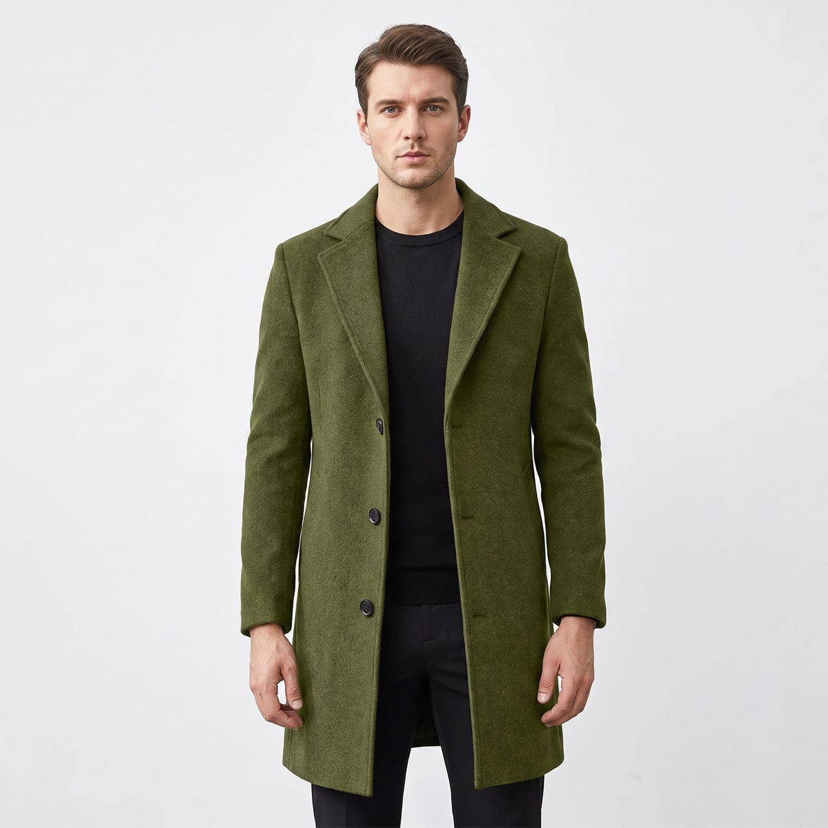 Men's Wool Blend Long Winter Coat Notched Lapel Single-Breasted Overcoat