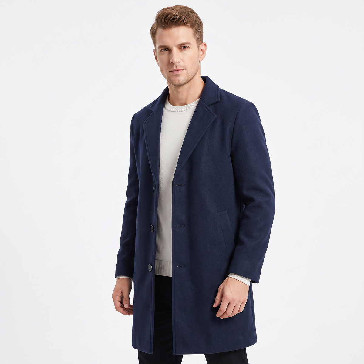 Men's Wool Blend Long Winter Coat Notched Lapel Single-Breasted Overcoat