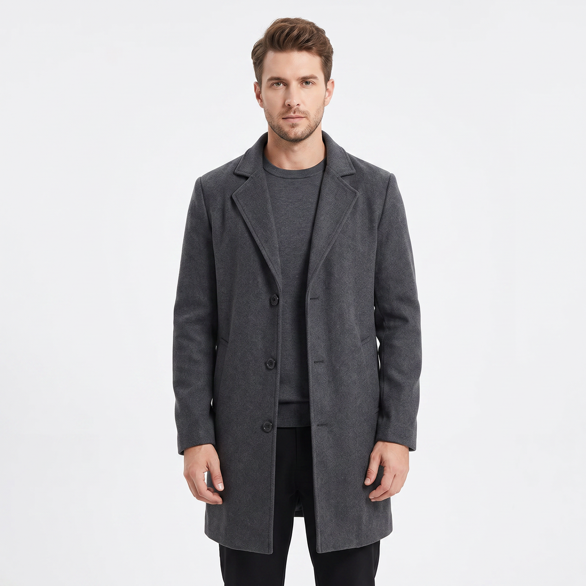 Men's Wool Blend Long Winter Coat Notched Lapel Single-Breasted Overcoat