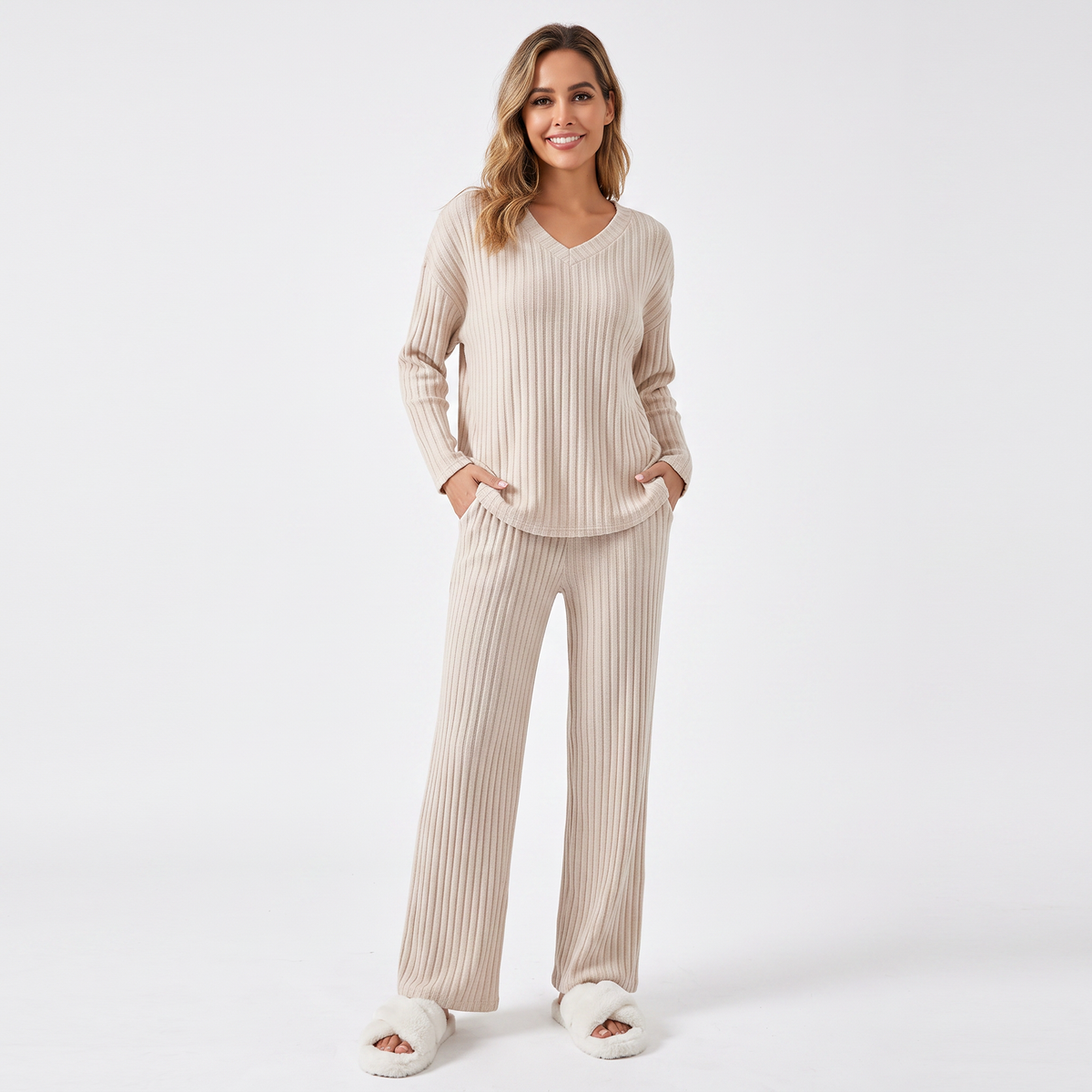 Women's Ribbed Knit Loungewear Set V-Neck Top and Winter Pants