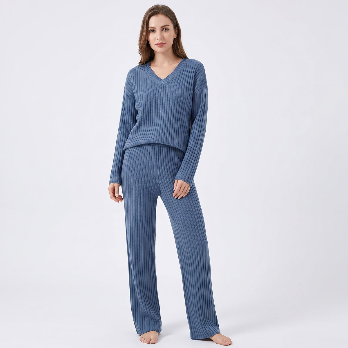 Women's Ribbed Knit Loungewear Set V-Neck Top and Winter Pants