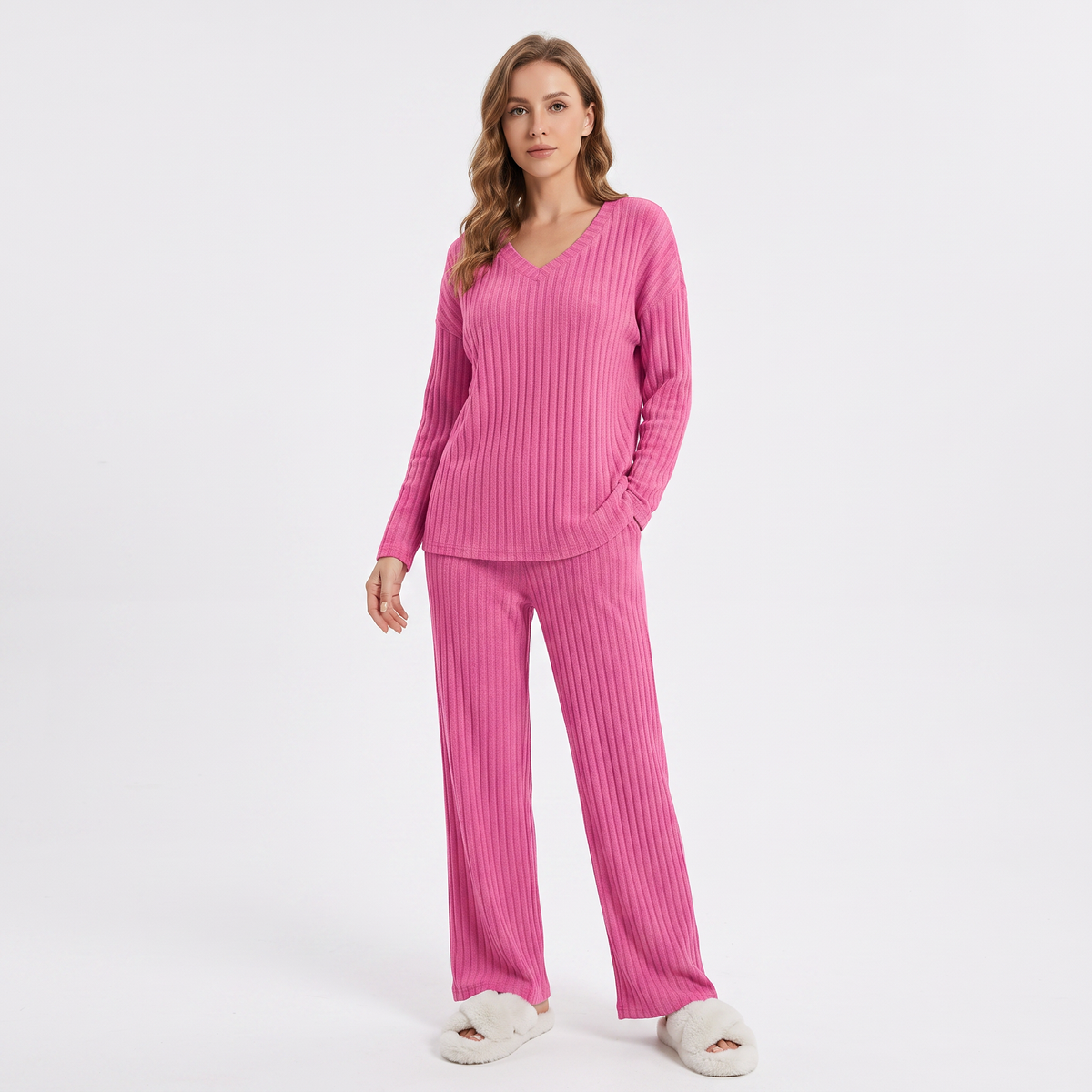 Women's Ribbed Knit Loungewear Set V-Neck Top and Winter Pants