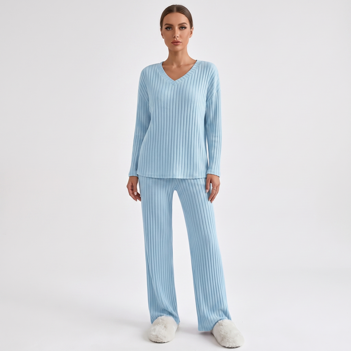 Women's Ribbed Knit Loungewear Set V-Neck Top and Winter Pants