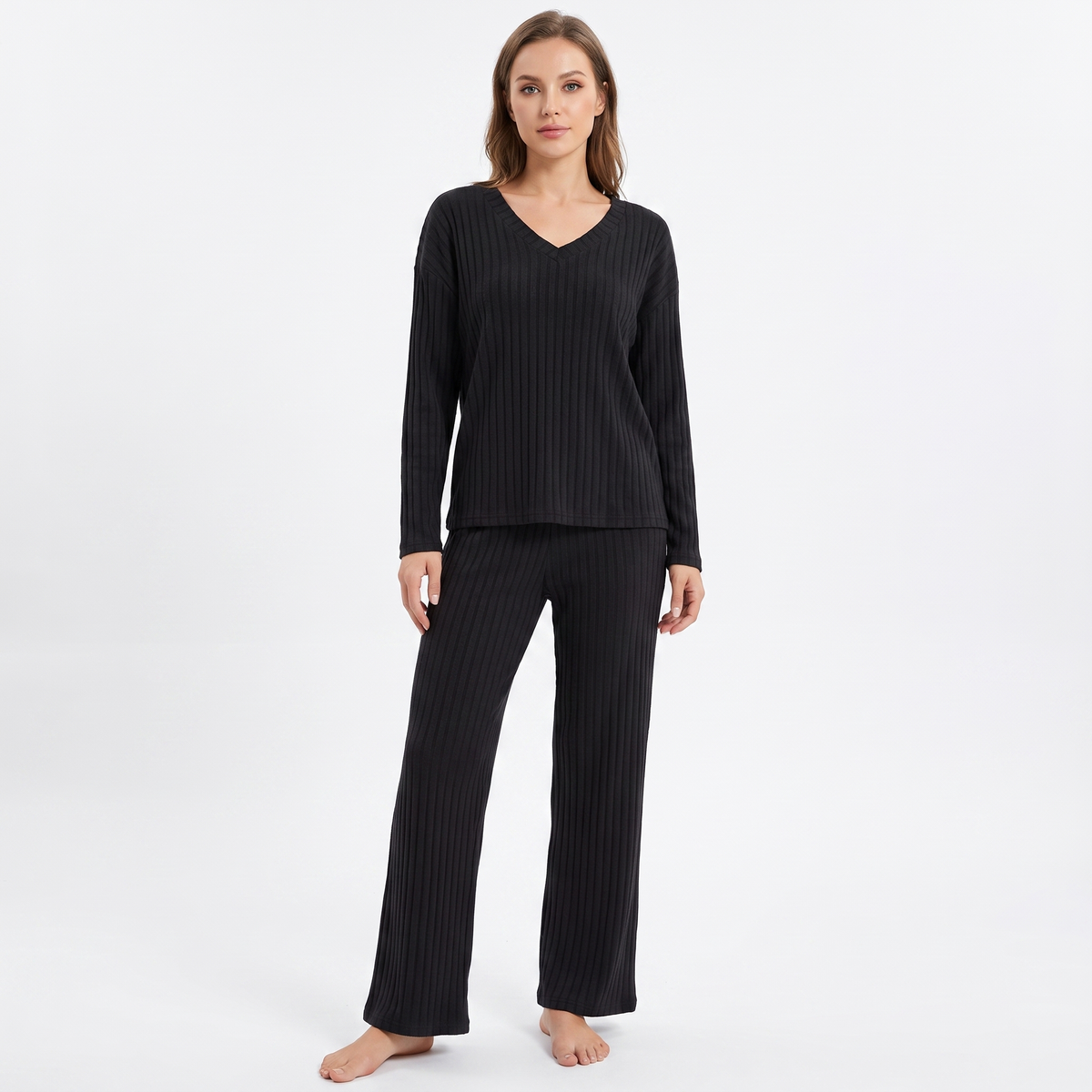 Women's Ribbed Knit Loungewear Set V-Neck Top and Winter Pants