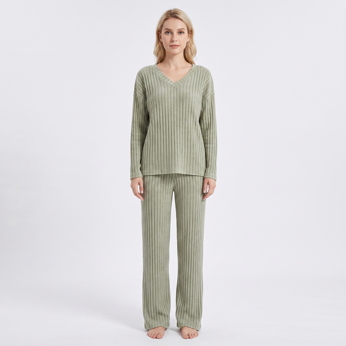 Women's Ribbed Knit Loungewear Set V-Neck Top and Winter Pants