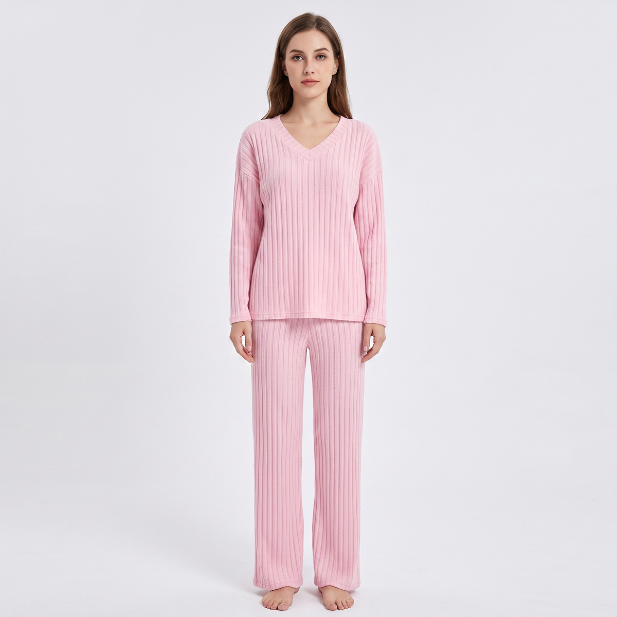 Women's Ribbed Knit Loungewear Set V-Neck Top and Winter Pants