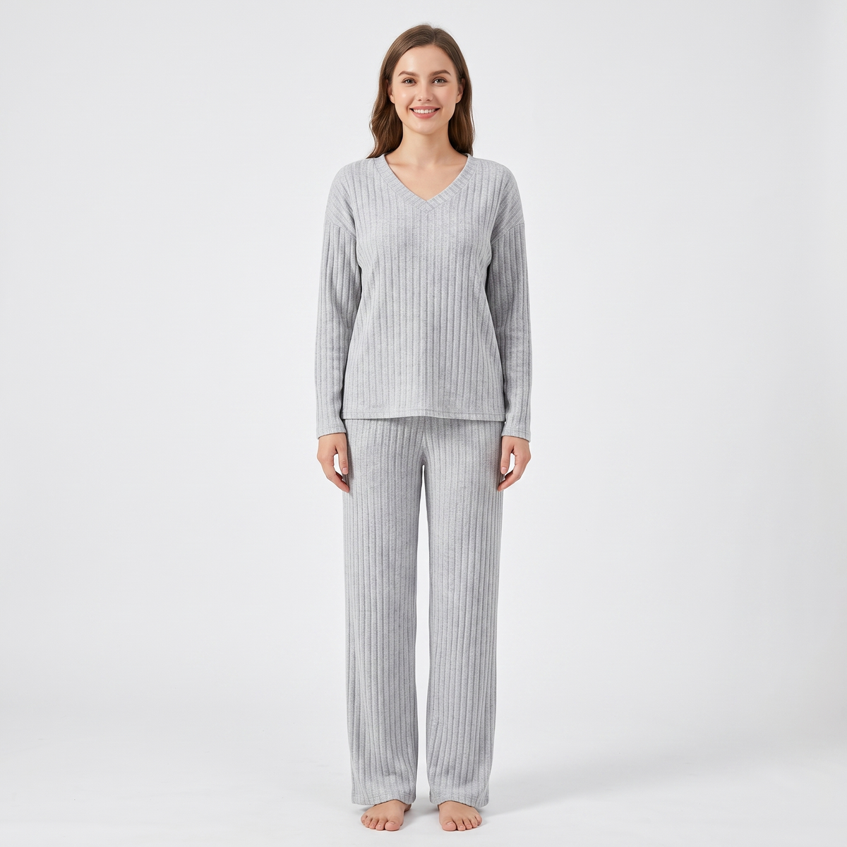 Women's Ribbed Knit Loungewear Set V-Neck Top and Winter Pants