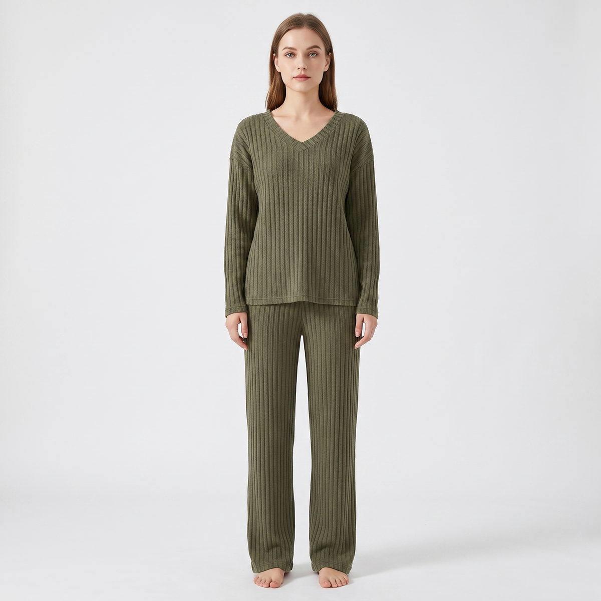 Women's Ribbed Knit Loungewear Set V-Neck Top and Winter Pants