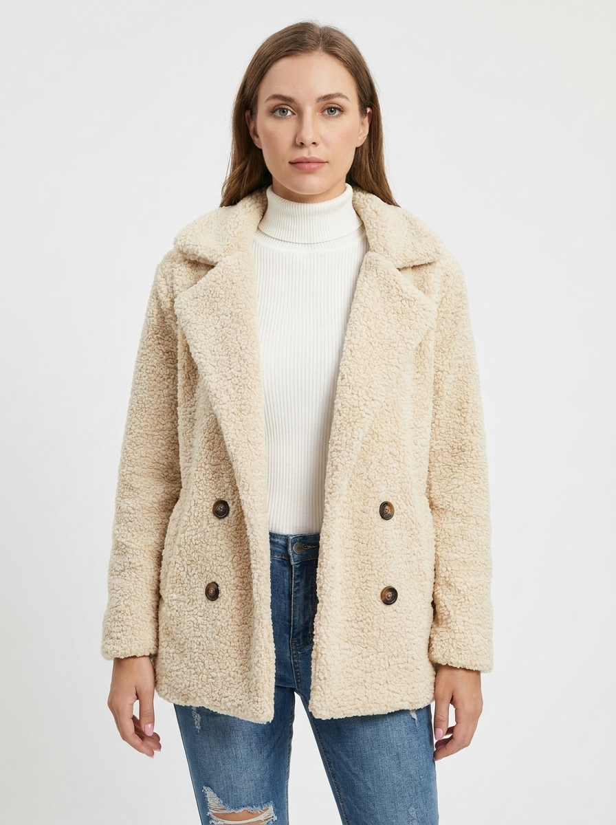 Women's Sherpa Teddy Coat Double-Breasted Fleece Jacket