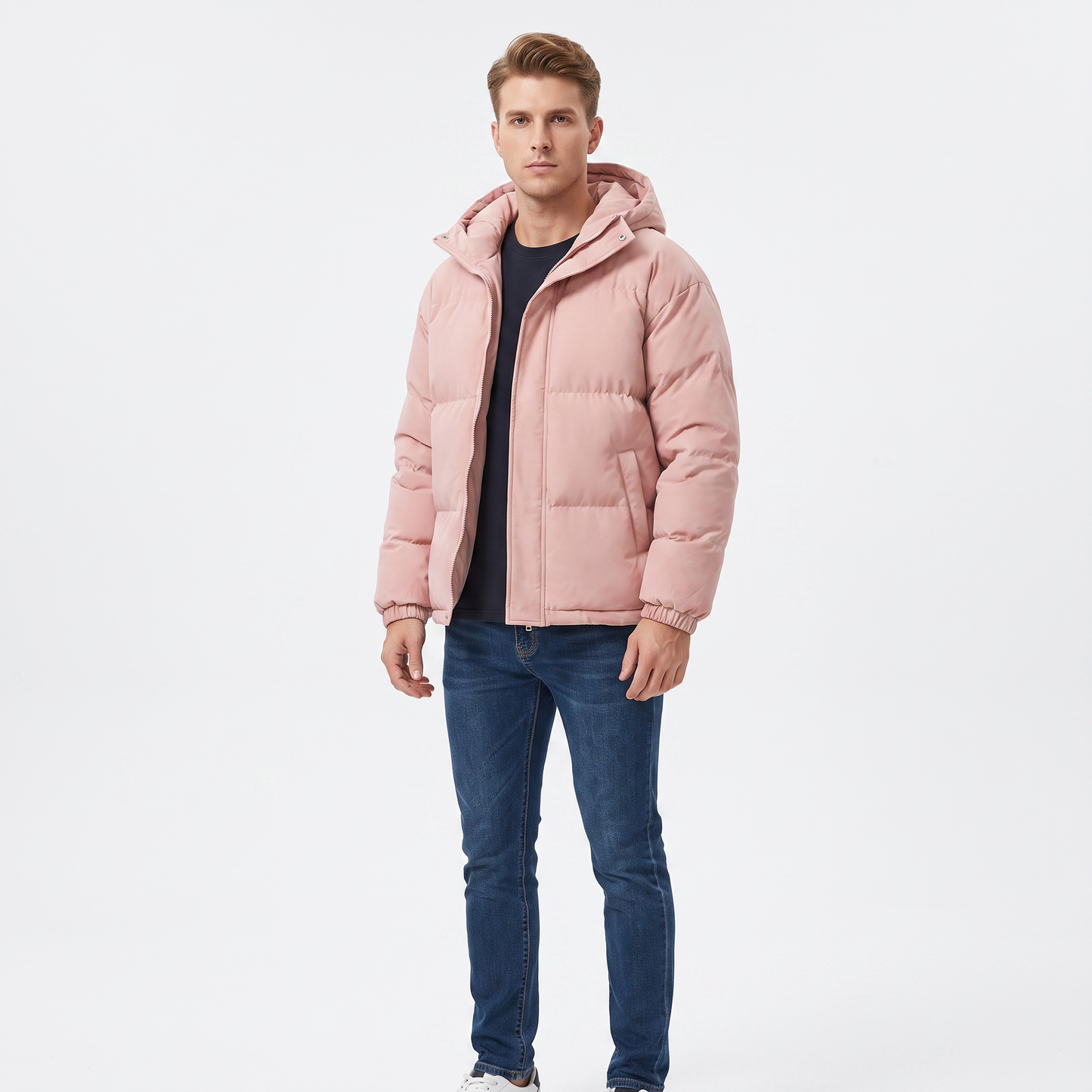 Men's Hooded Puffer Jacket Zip-Up Padded Winter Coat