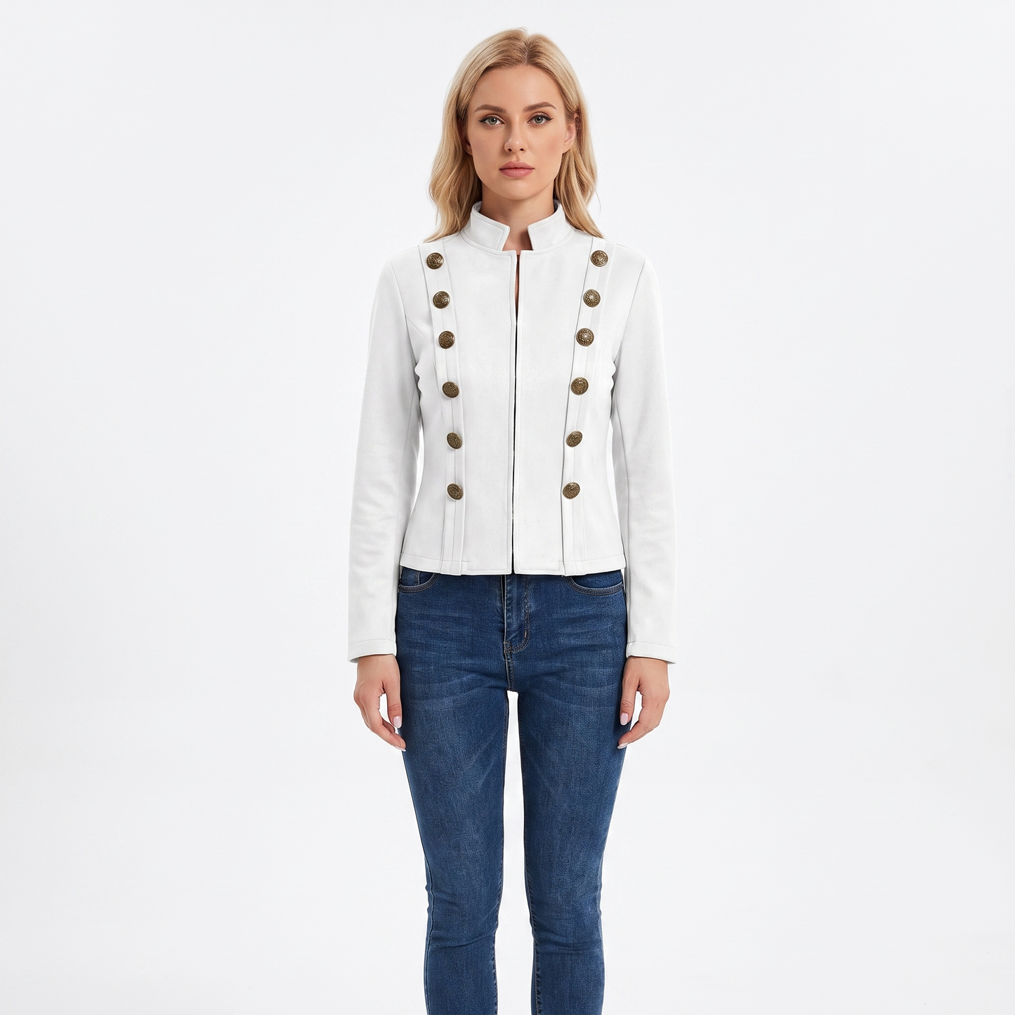 Women's Military Style Blazer Stand Collar Fitted Jacket