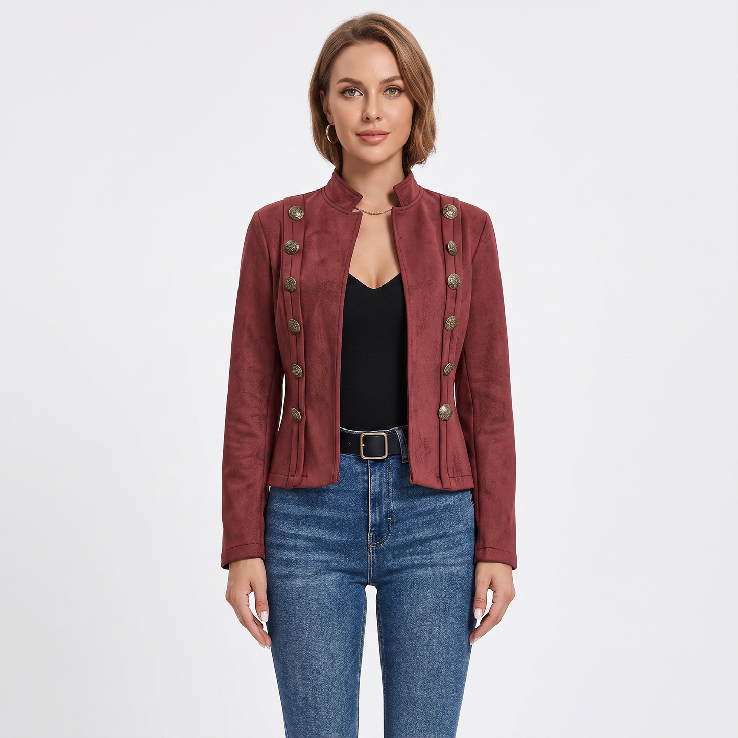 Women's Military Style Blazer Stand Collar Fitted Jacket