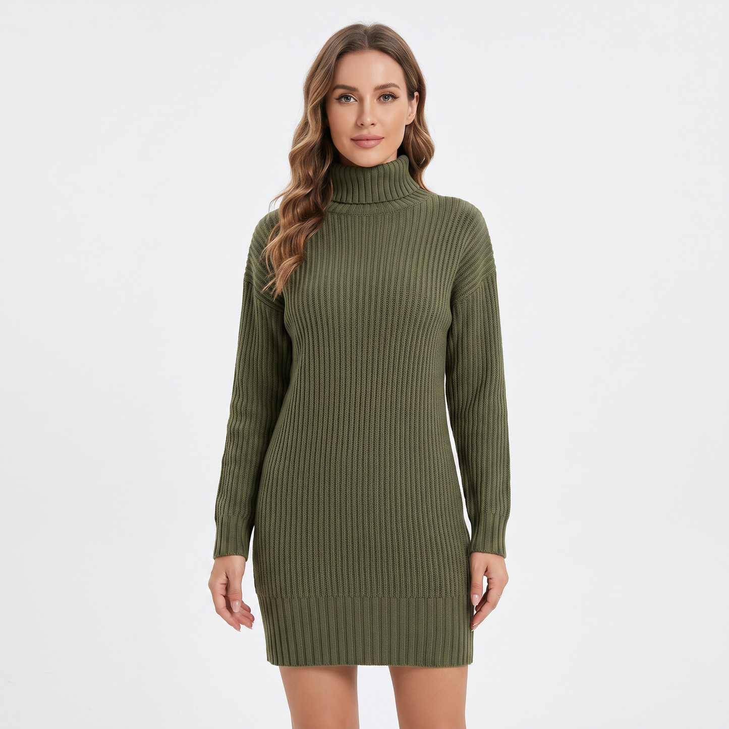 Women's Ribbed Knit Sweater Dress Mock Neck Mini Dress