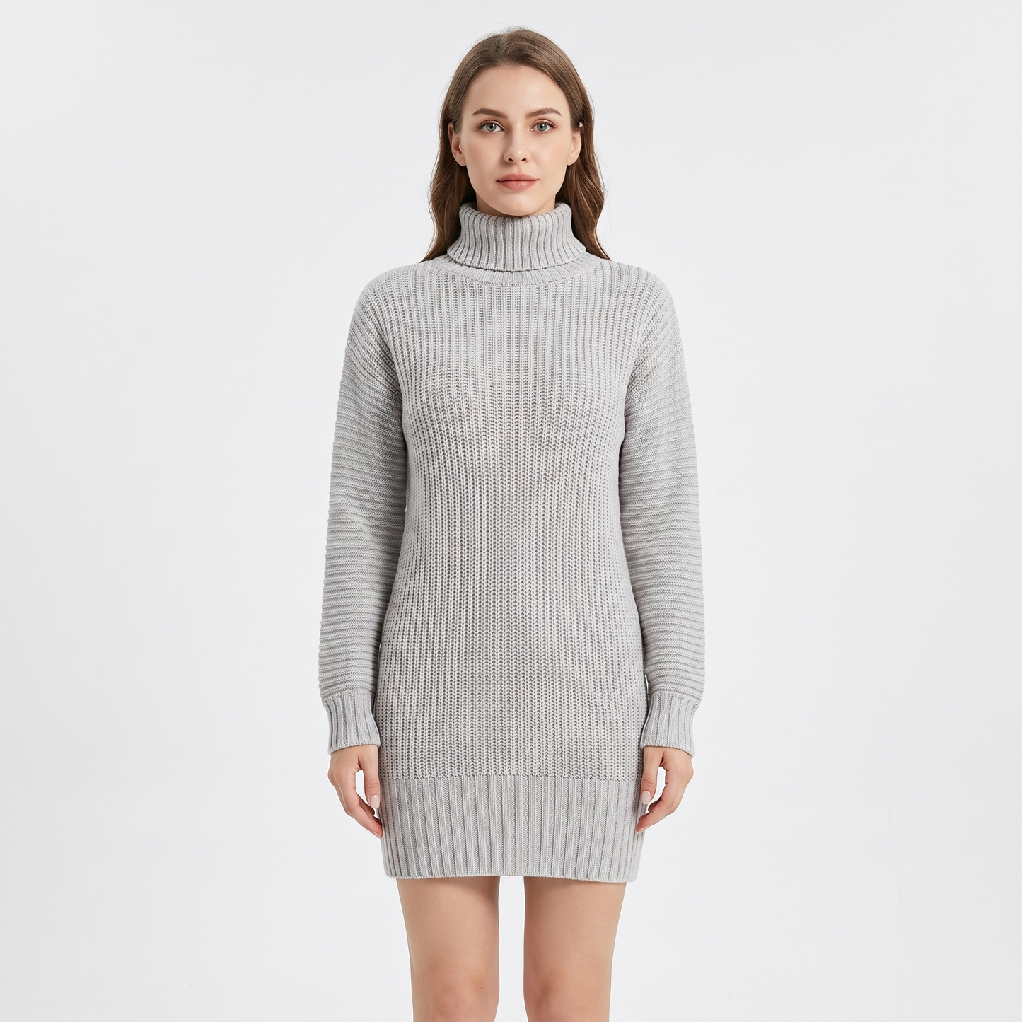Women's Ribbed Knit Sweater Dress Mock Neck Mini Dress