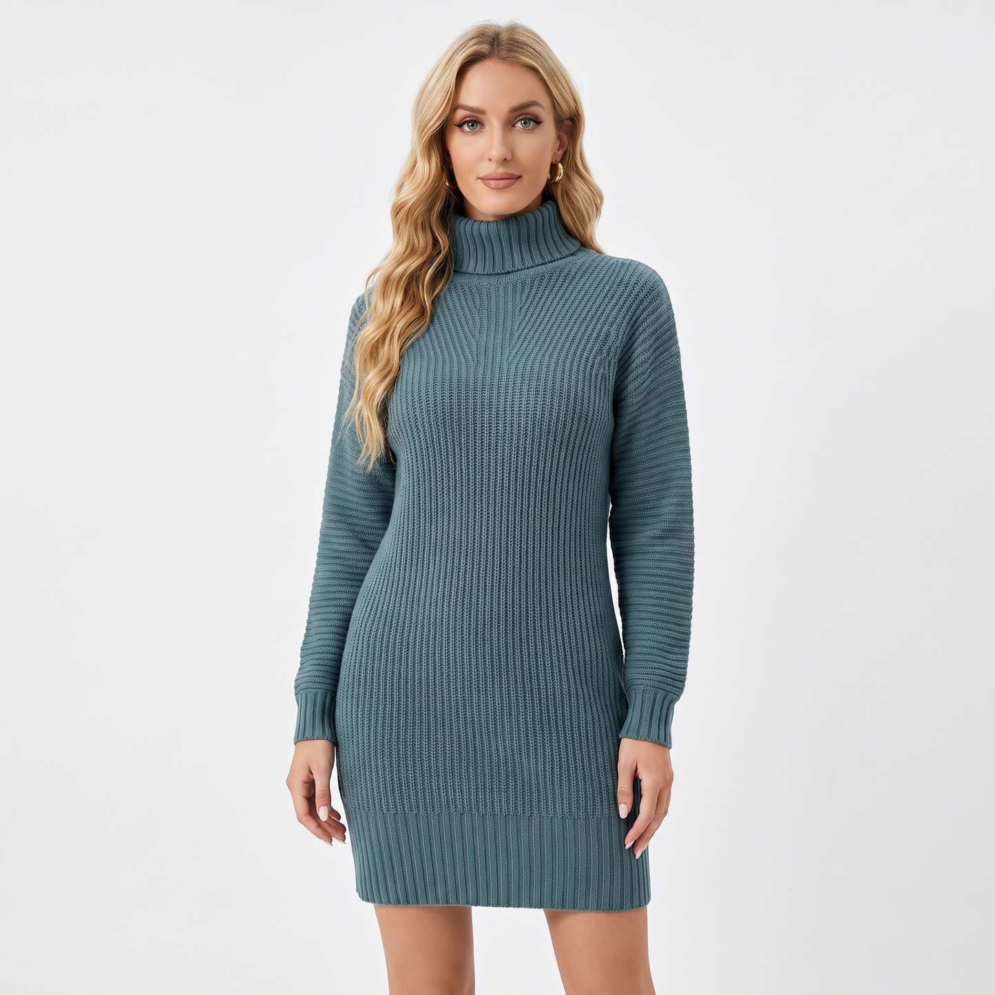 Women's Ribbed Knit Sweater Dress Mock Neck Mini Dress