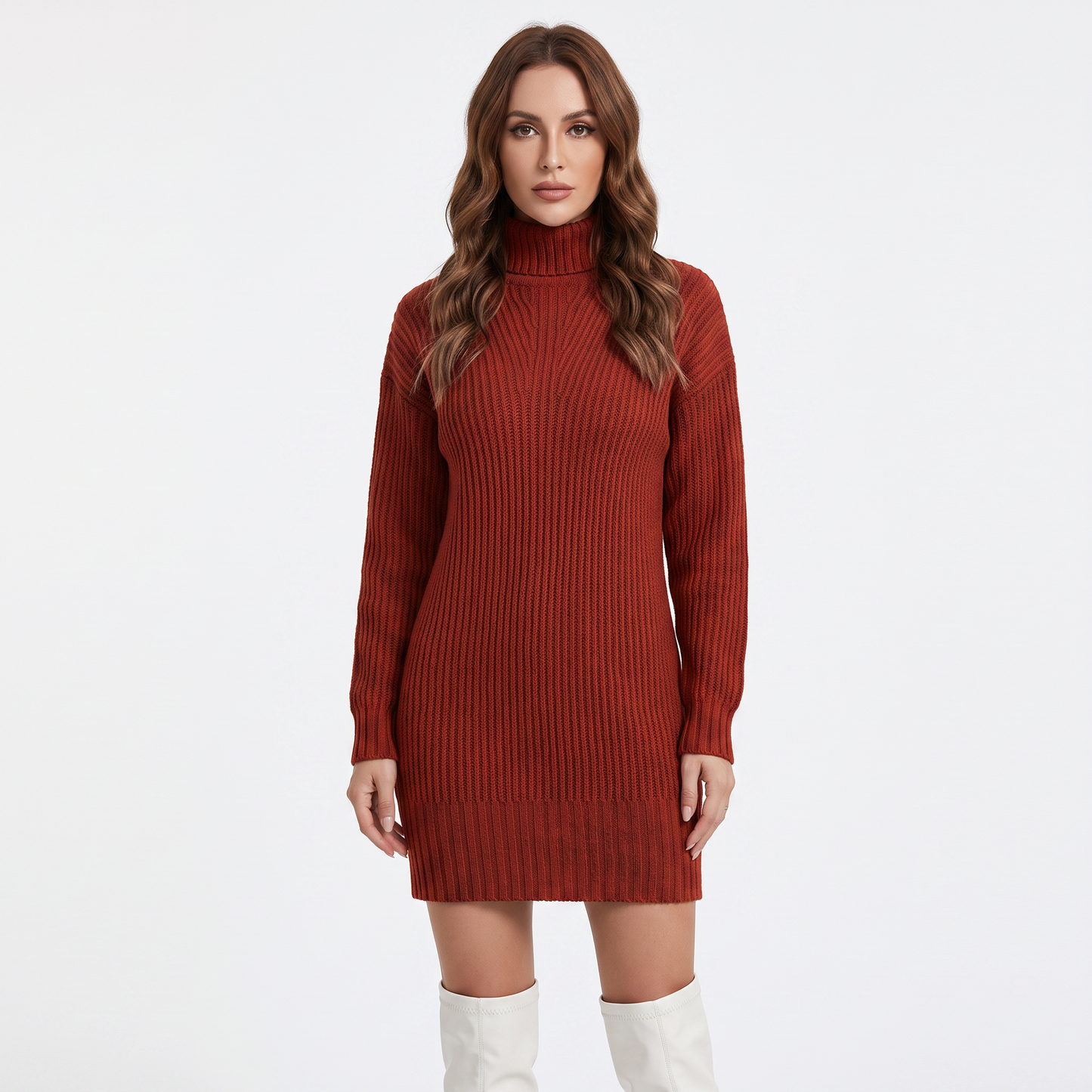 Women's Ribbed Knit Sweater Dress Mock Neck Mini Dress