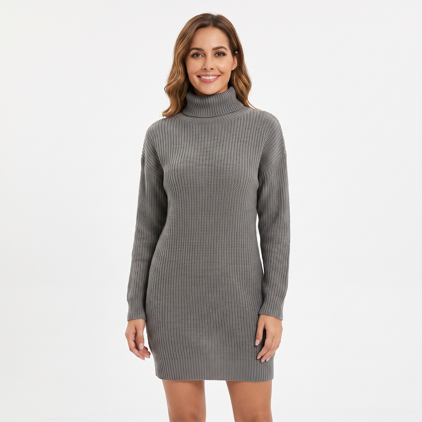 Women's Ribbed Knit Sweater Dress Mock Neck Mini Dress