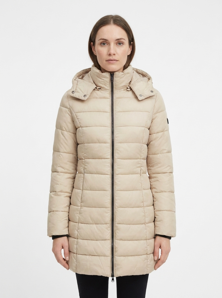 Women's Long Puffer Jacket Fitted Waist Hooded Down Winter Coat