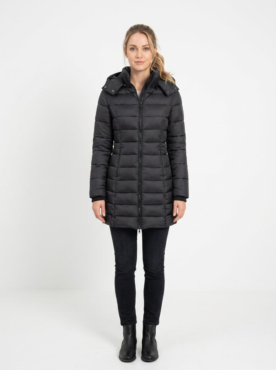 Women's Long Puffer Jacket Fitted Waist Hooded Down Winter Coat