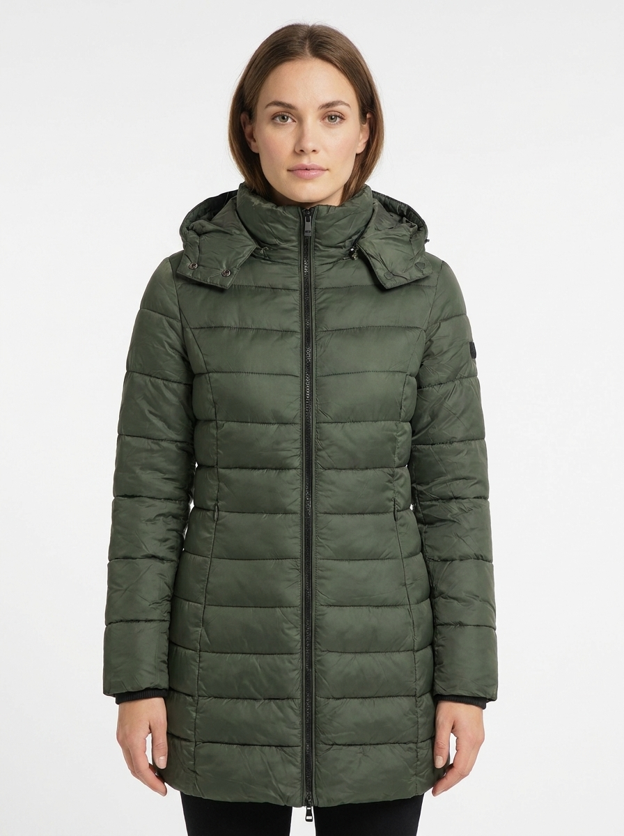 Women's Long Puffer Jacket Fitted Waist Hooded Down Winter Coat