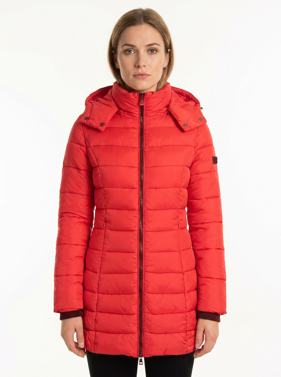 Women's Long Puffer Jacket Fitted Waist Hooded Down Winter Coat