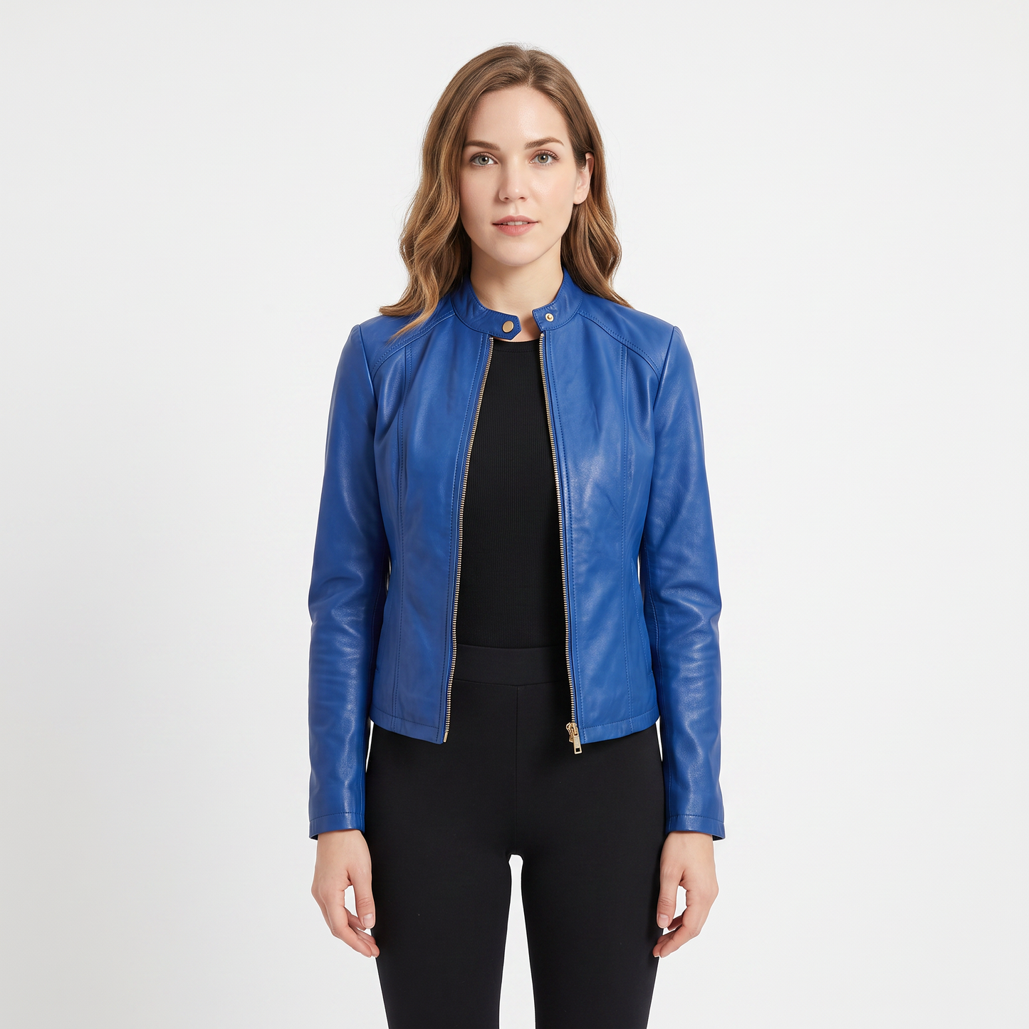 Women's Leather Moto Jacket Fitted Zip-Up Biker Jacket
