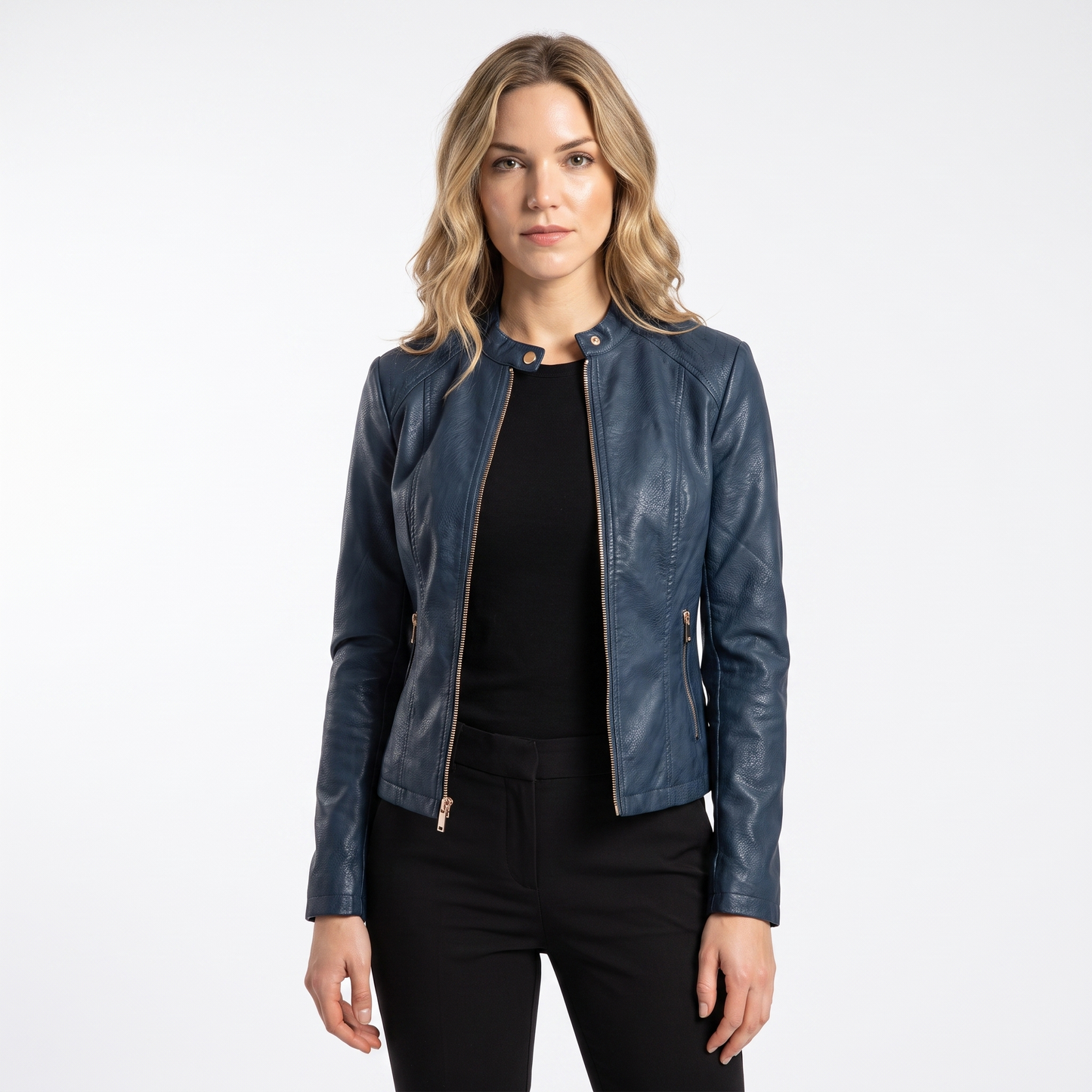 Women's Leather Moto Jacket Fitted Zip-Up Biker Jacket