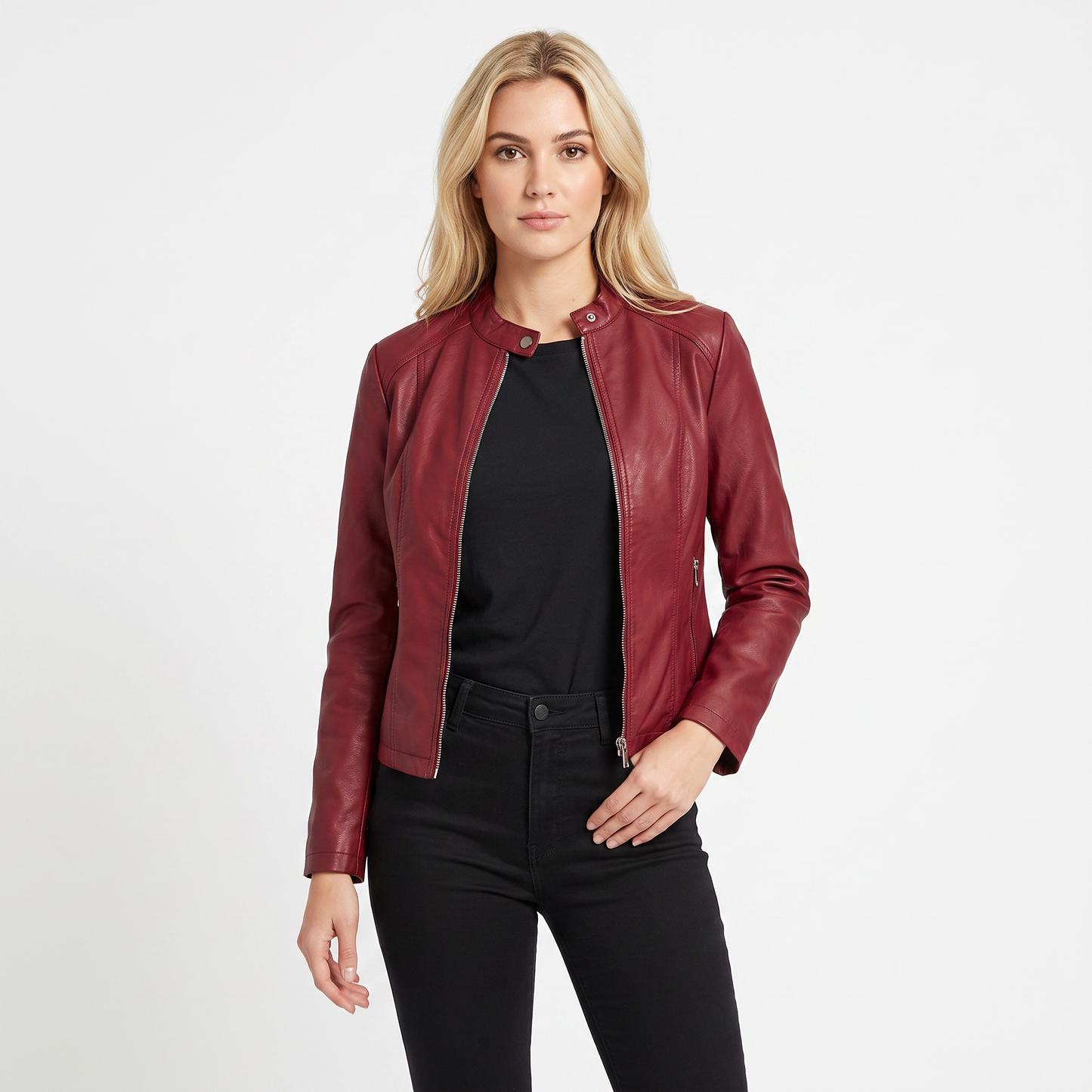 Women's Leather Moto Jacket Fitted Zip-Up Biker Jacket