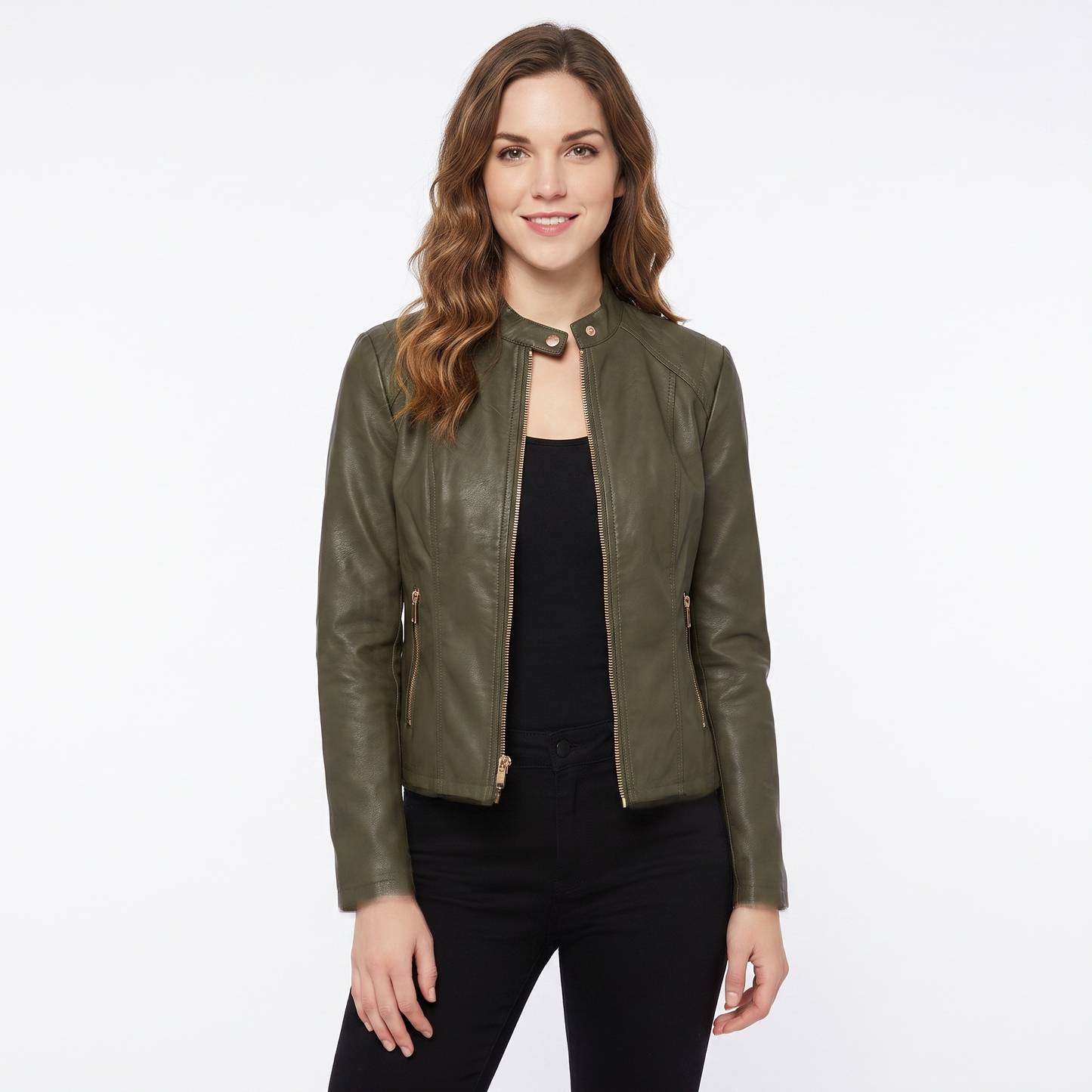 Women's Leather Moto Jacket Fitted Zip-Up Biker Jacket
