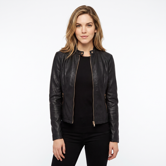 Women's Leather Moto Jacket Fitted Zip-Up Biker Jacket