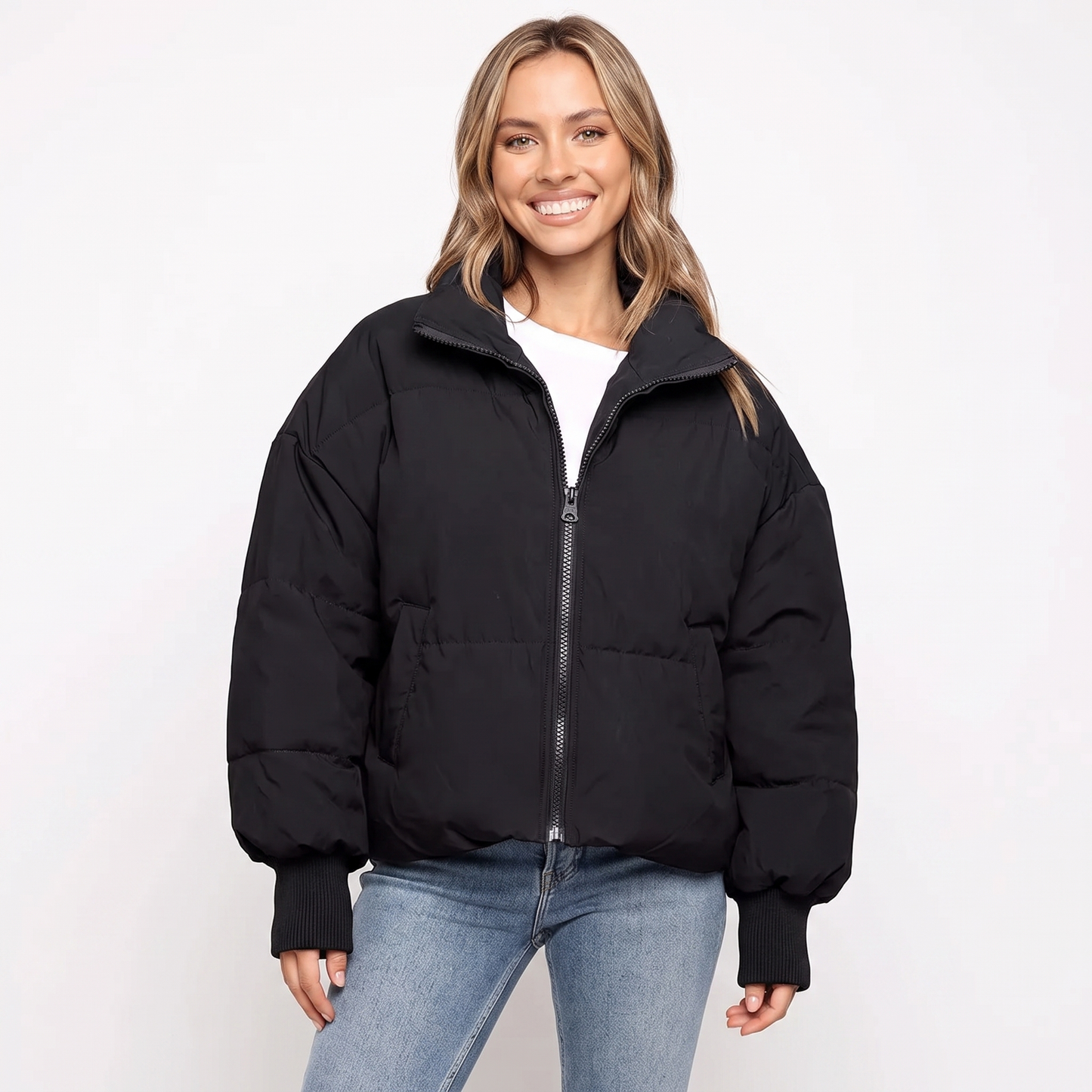 Women's Cropped Puffer Jacket Oversized Zip-Up Coat