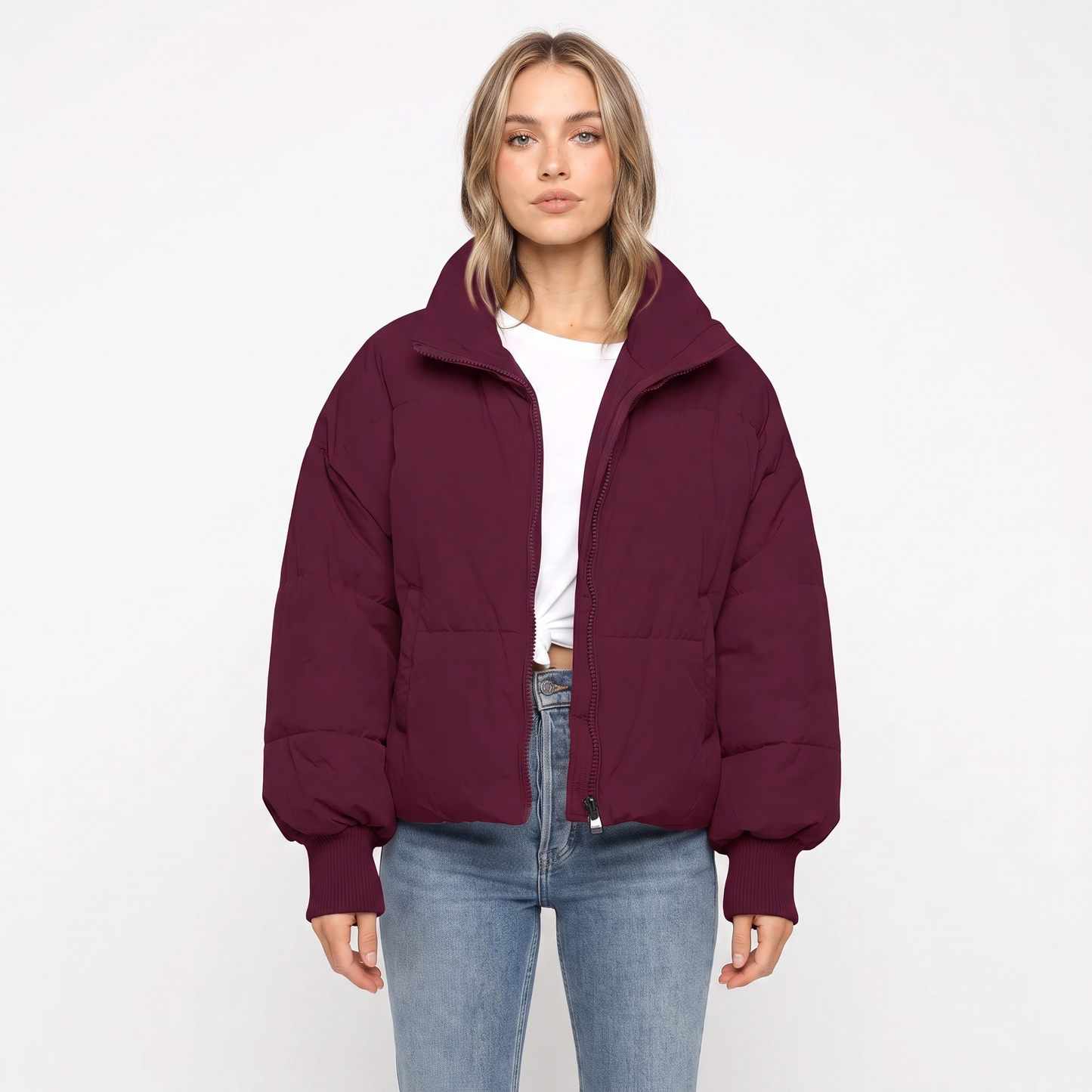 Women's Cropped Puffer Jacket Oversized Zip-Up Coat