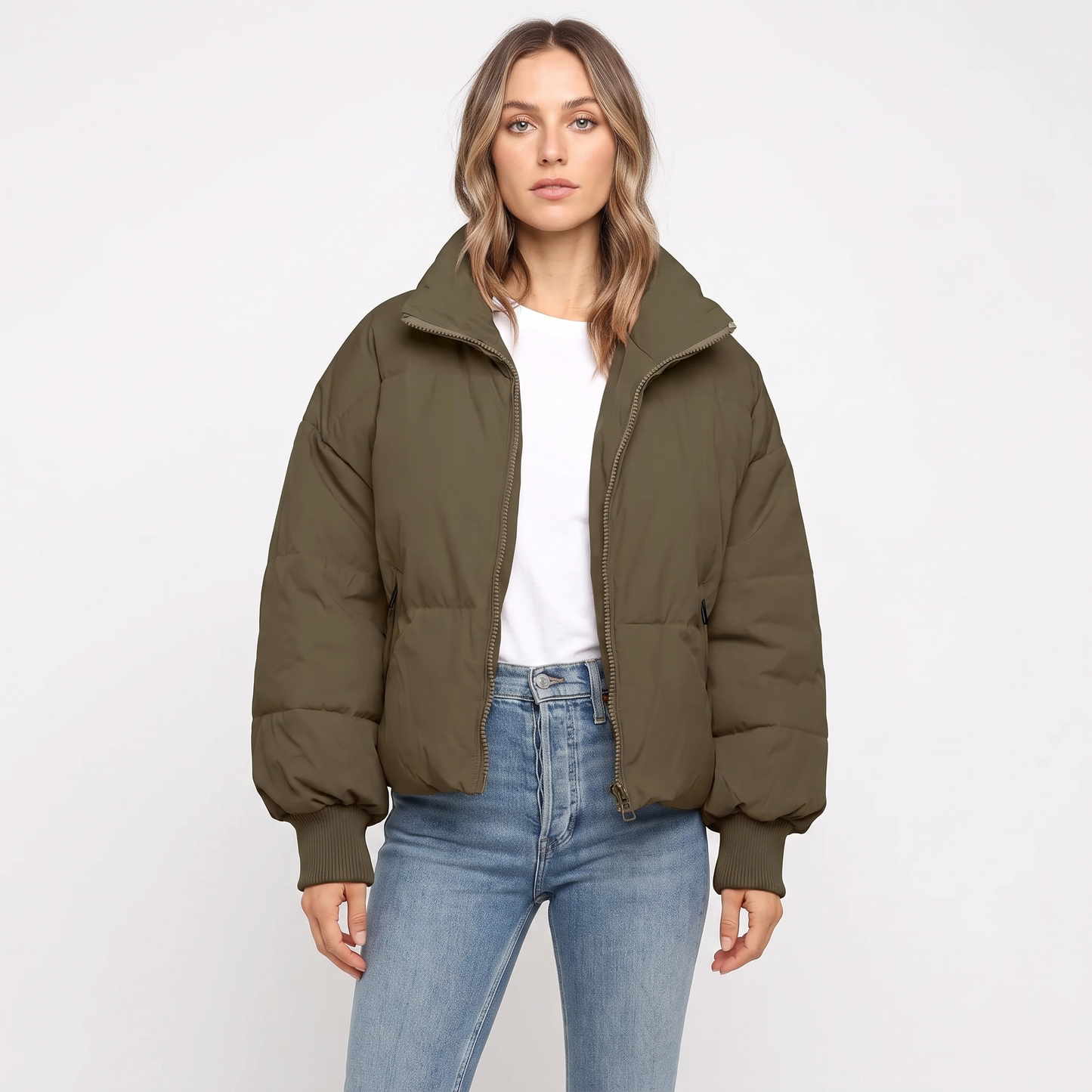 Women's Cropped Puffer Jacket Oversized Zip-Up Coat