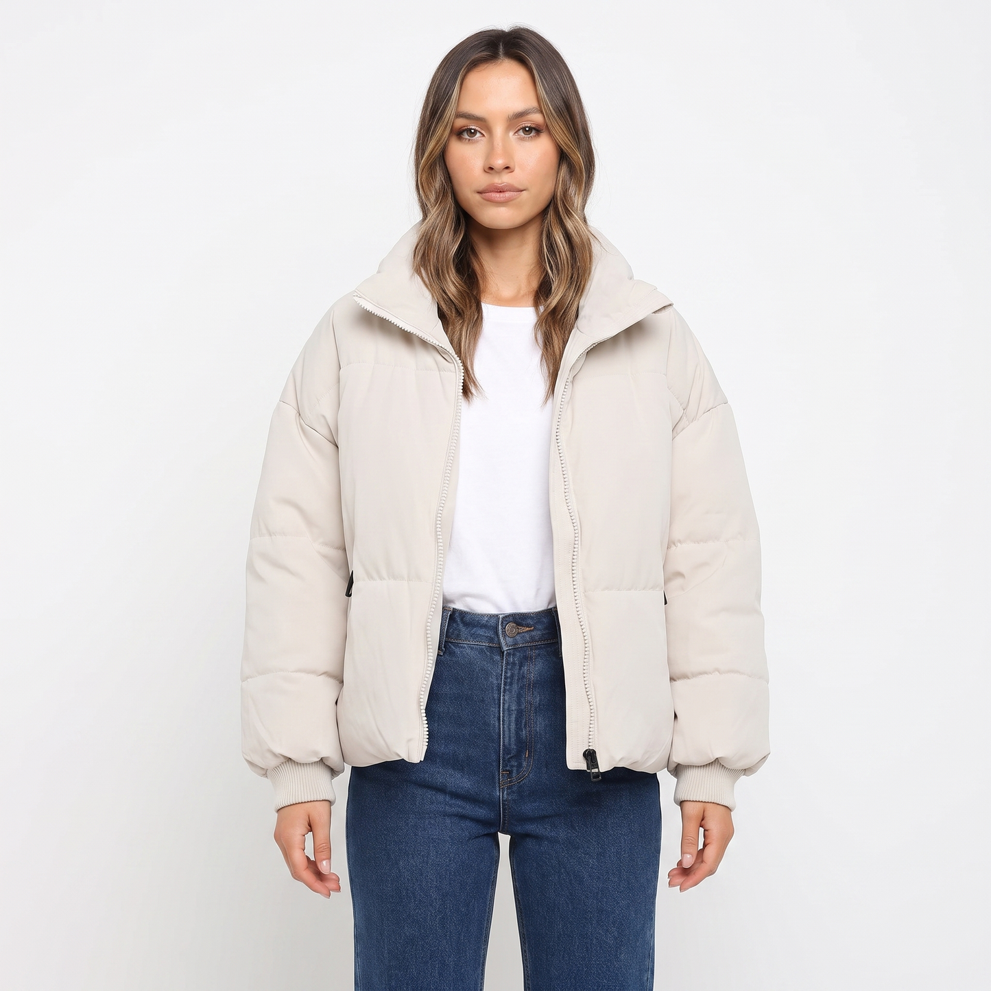 Women's Cropped Puffer Jacket Oversized Zip-Up Coat