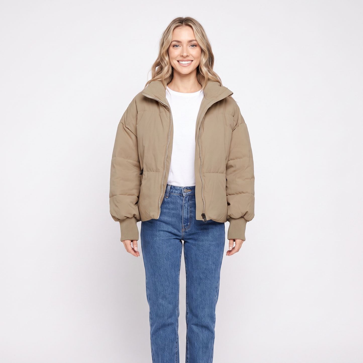 Women's Cropped Puffer Jacket Oversized Zip-Up Coat