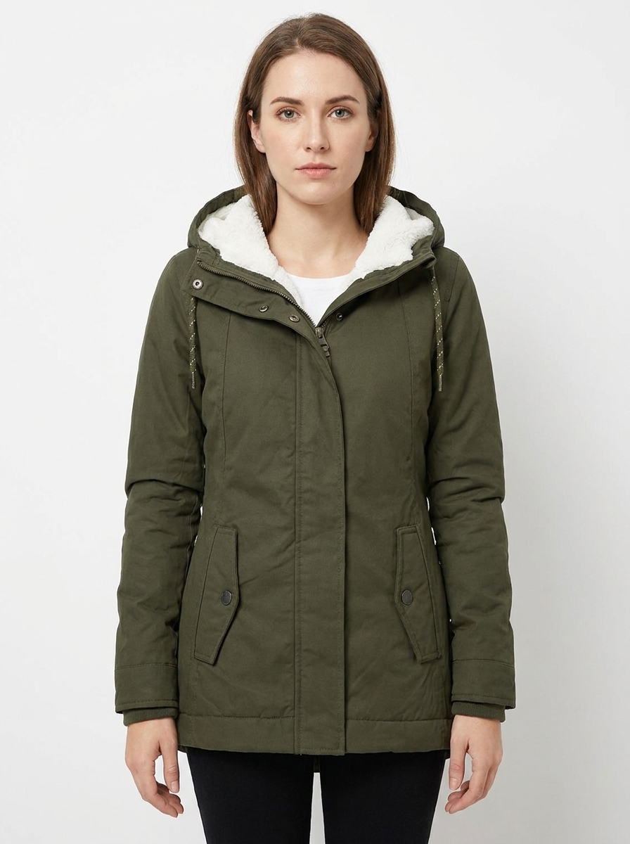 Women's Sherpa Lined Hooded Coat Snap Button Winter Jacket