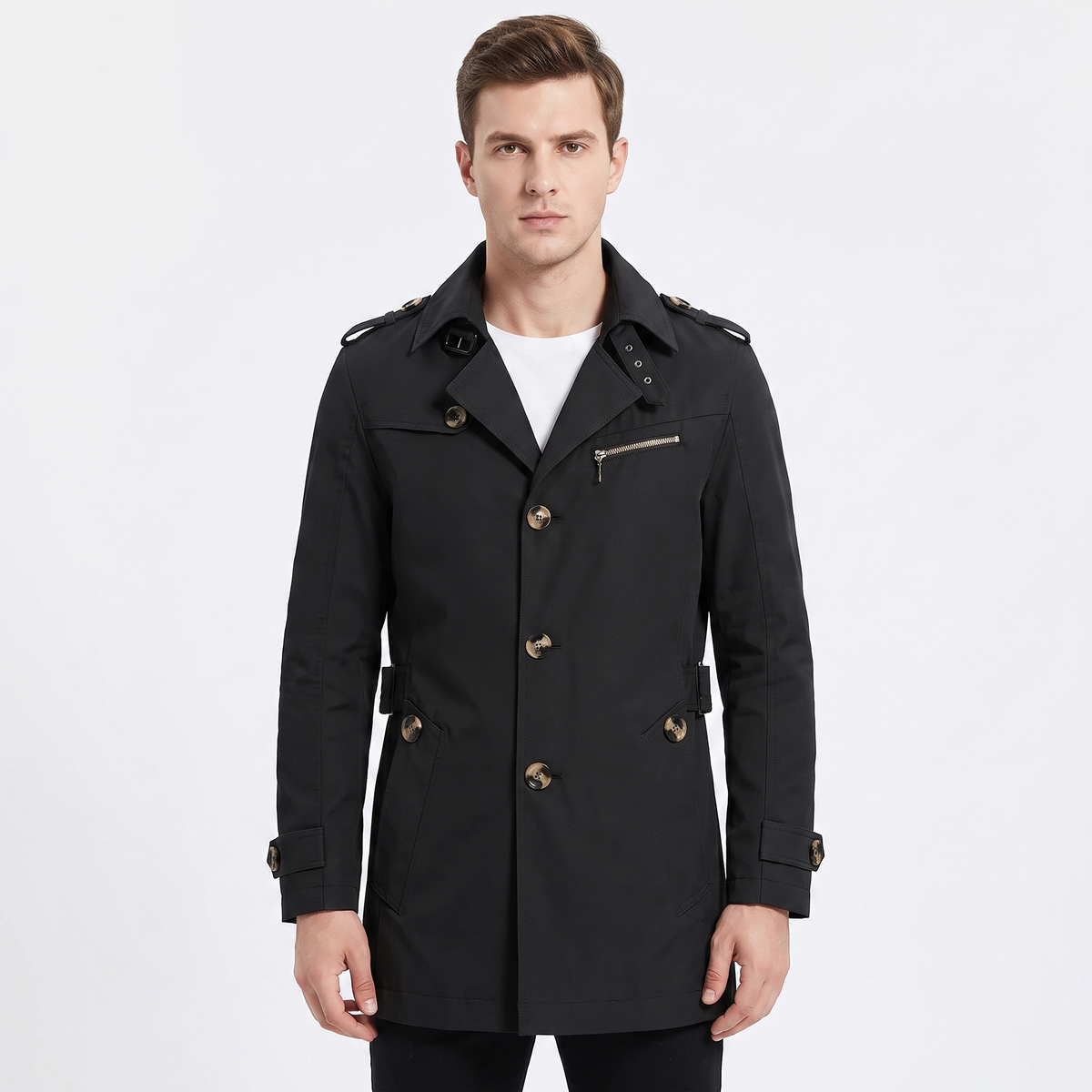 Men's Trench Winter Coat Slim-Fit Notched Lapel Button-Up Overcoat