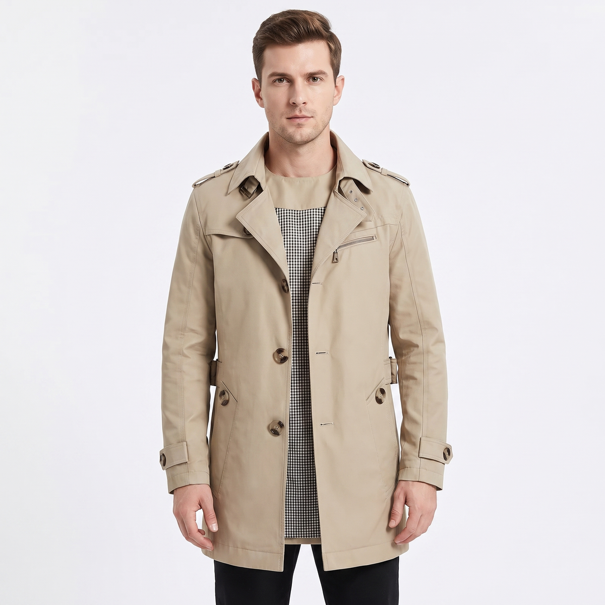 Men's Trench Winter Coat Slim-Fit Notched Lapel Button-Up Overcoat