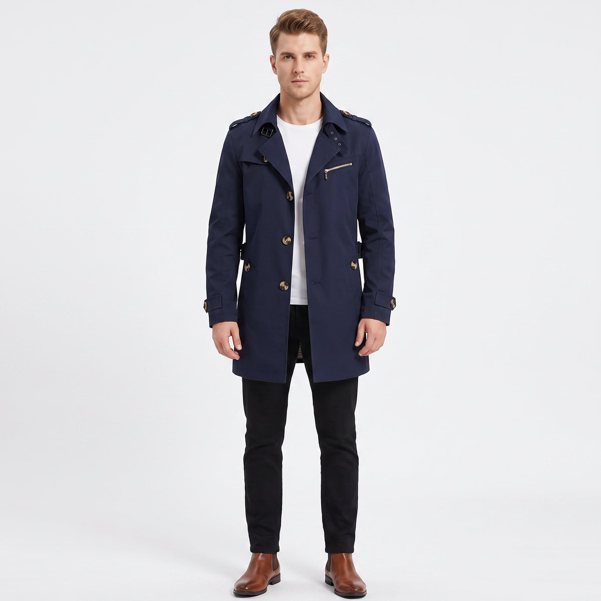 Men's Trench Winter Coat Slim-Fit Notched Lapel Button-Up Overcoat