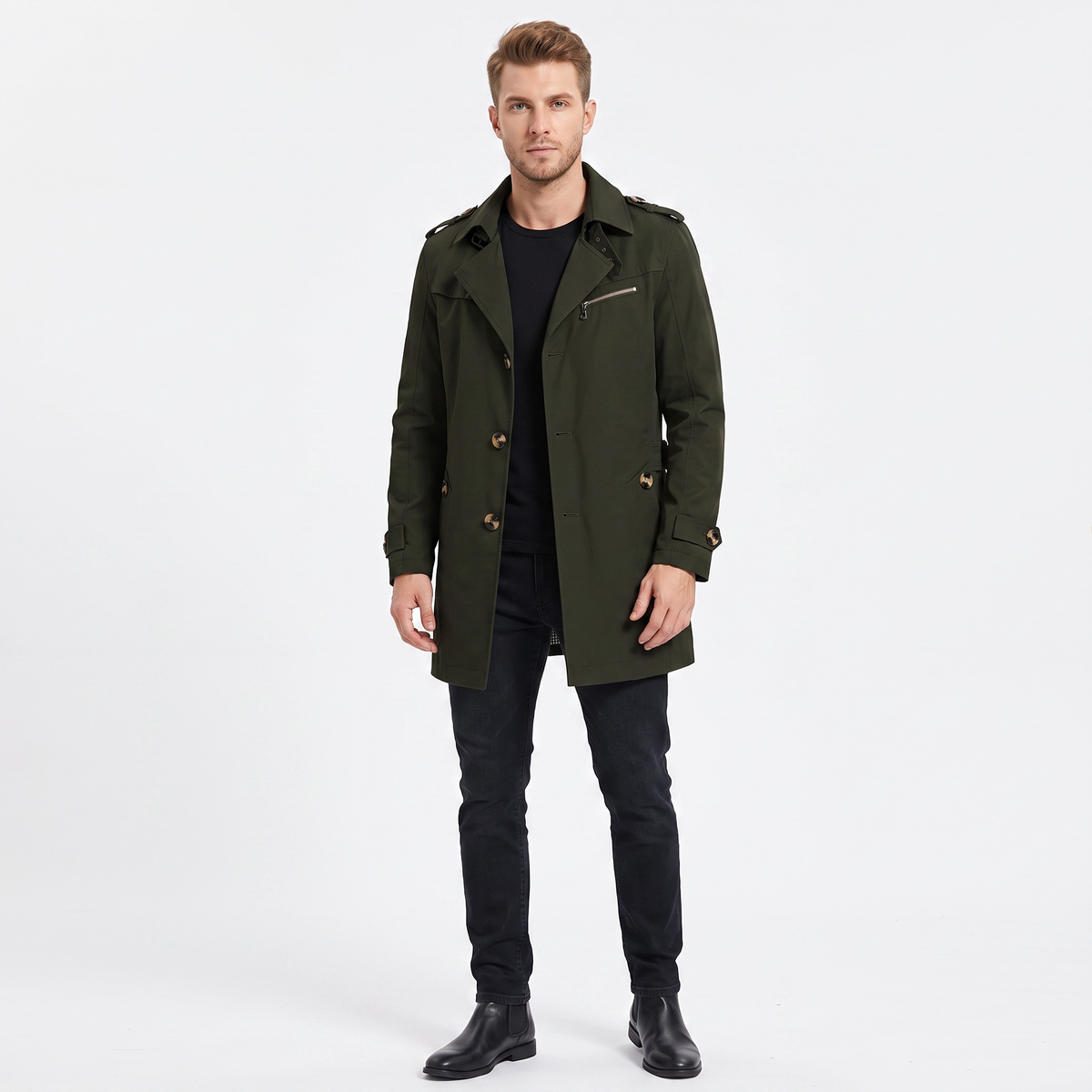 Men's Trench Winter Coat Slim-Fit Notched Lapel Button-Up Overcoat